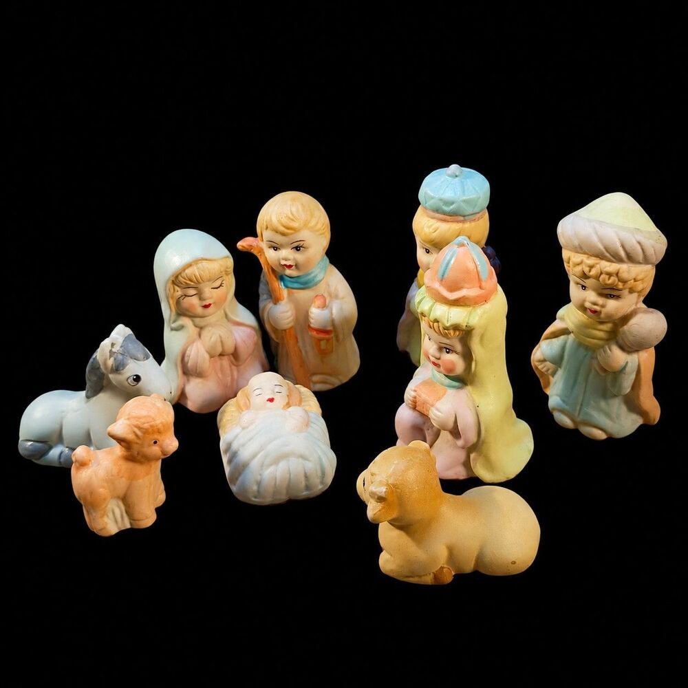 Vintage Pastel Porcelain 9 Pc Nativity Set, 3" Mary Joseph Baby Jesus, Wise Men